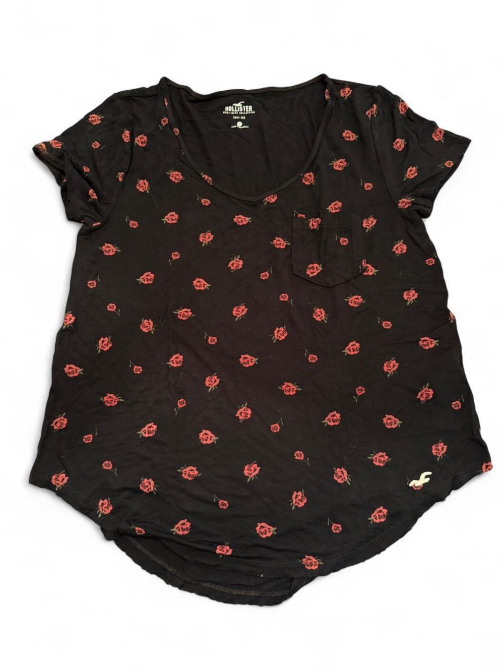 Hollister Easy Tee Black Red Rose Floral Pocket T-Shirt Women’s Small